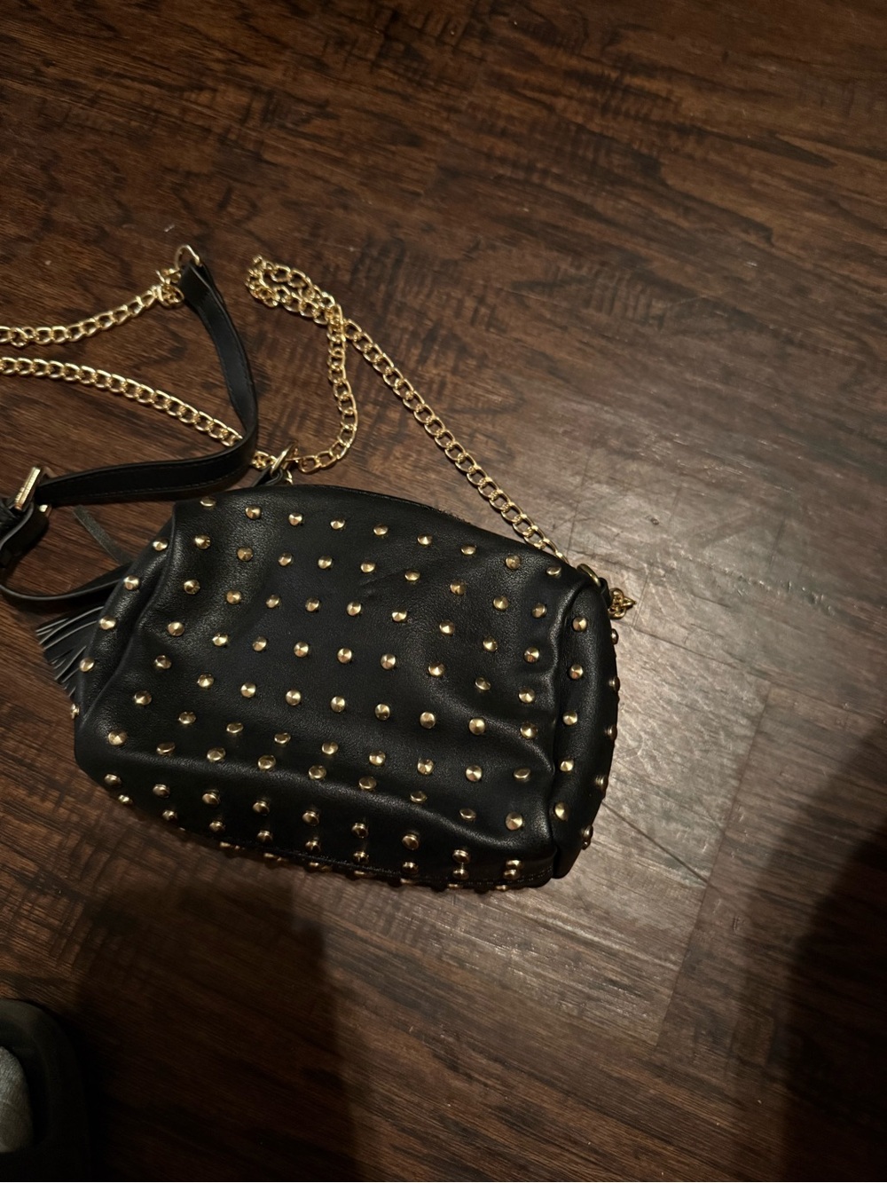 Black Studded Crossbody Bag with Gold Chain